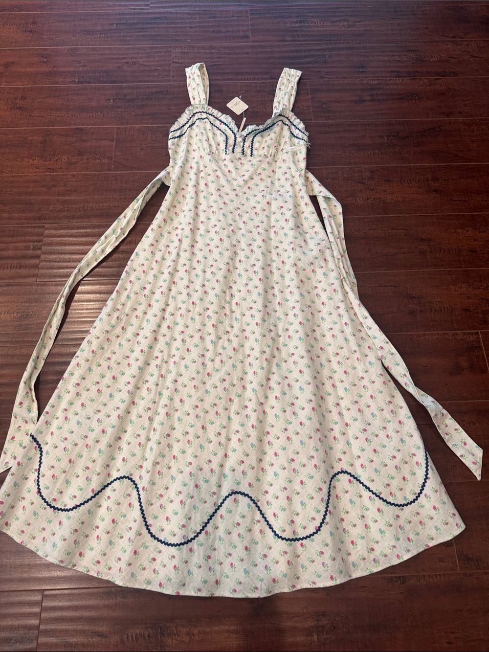 Free People Cream Midi Dress with Pink and Green Floral Print and Navy Trim, NWT